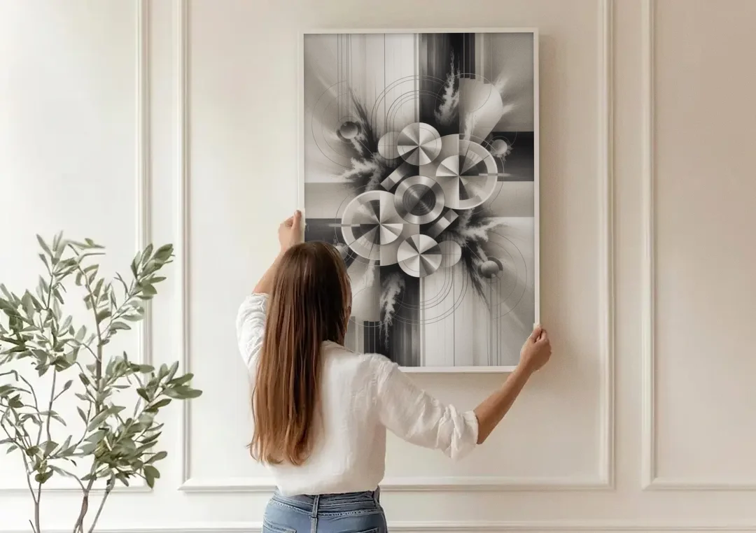 Serene Elegance Grey and White Abstract canvas wall art being hung on a paneled wall