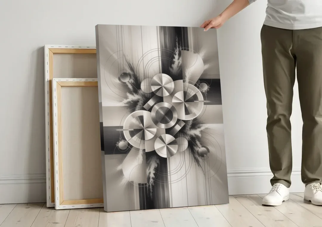 Serene Elegance Grey and White Abstract canvas wall art leaning against a wall next to blank canvases