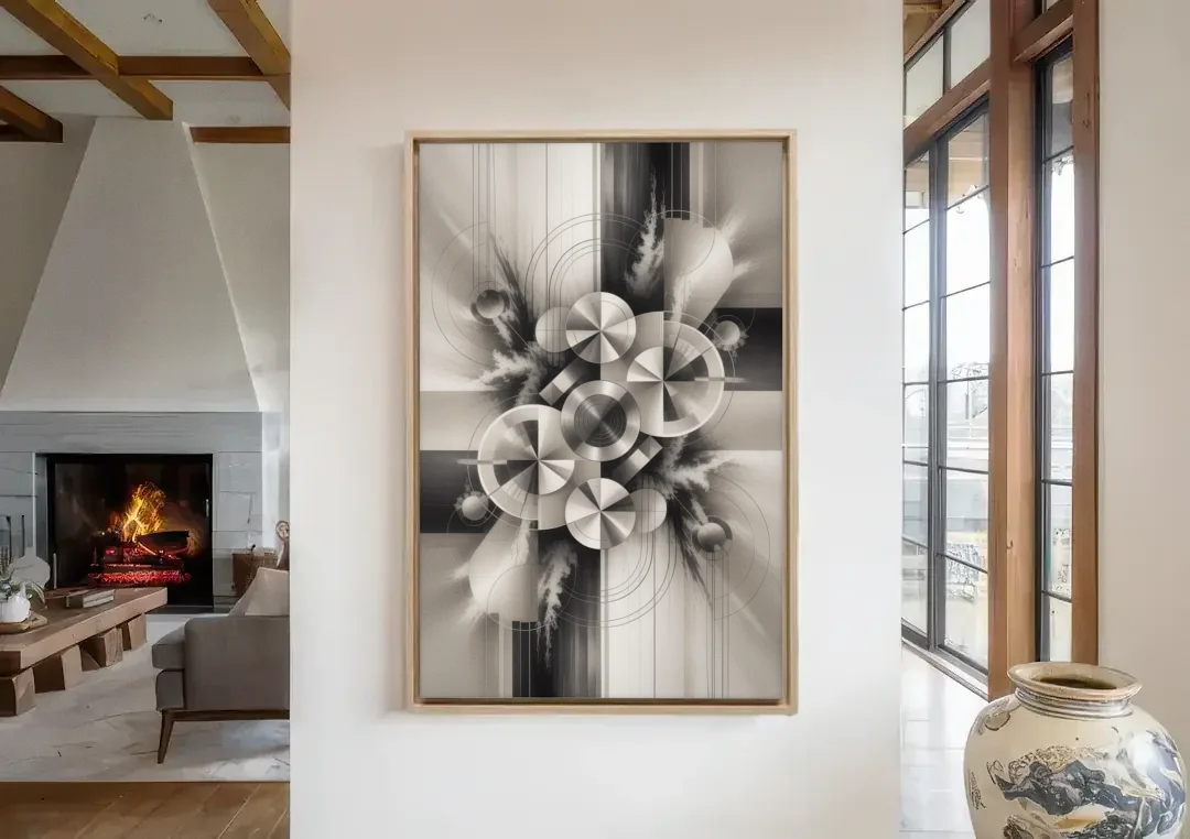 Serene Elegance Grey and White Abstract canvas wall art in a living room with a fireplace