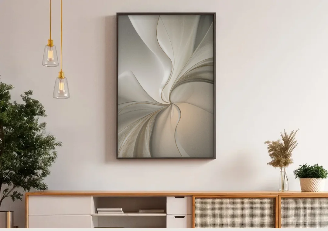 Serene Elegance in White Abstract canvas wall art above a wooden sideboard under pendant lights