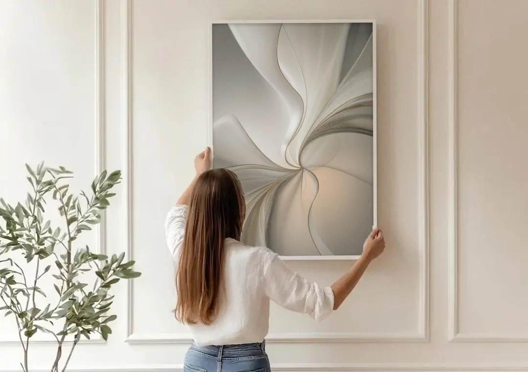 Serene Elegance in White Abstract canvas wall art being hung on a paneled wall