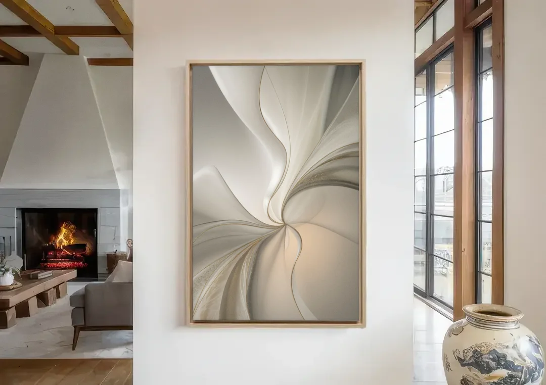 Serene Elegance in White Abstract canvas wall art in a living room with a fireplace