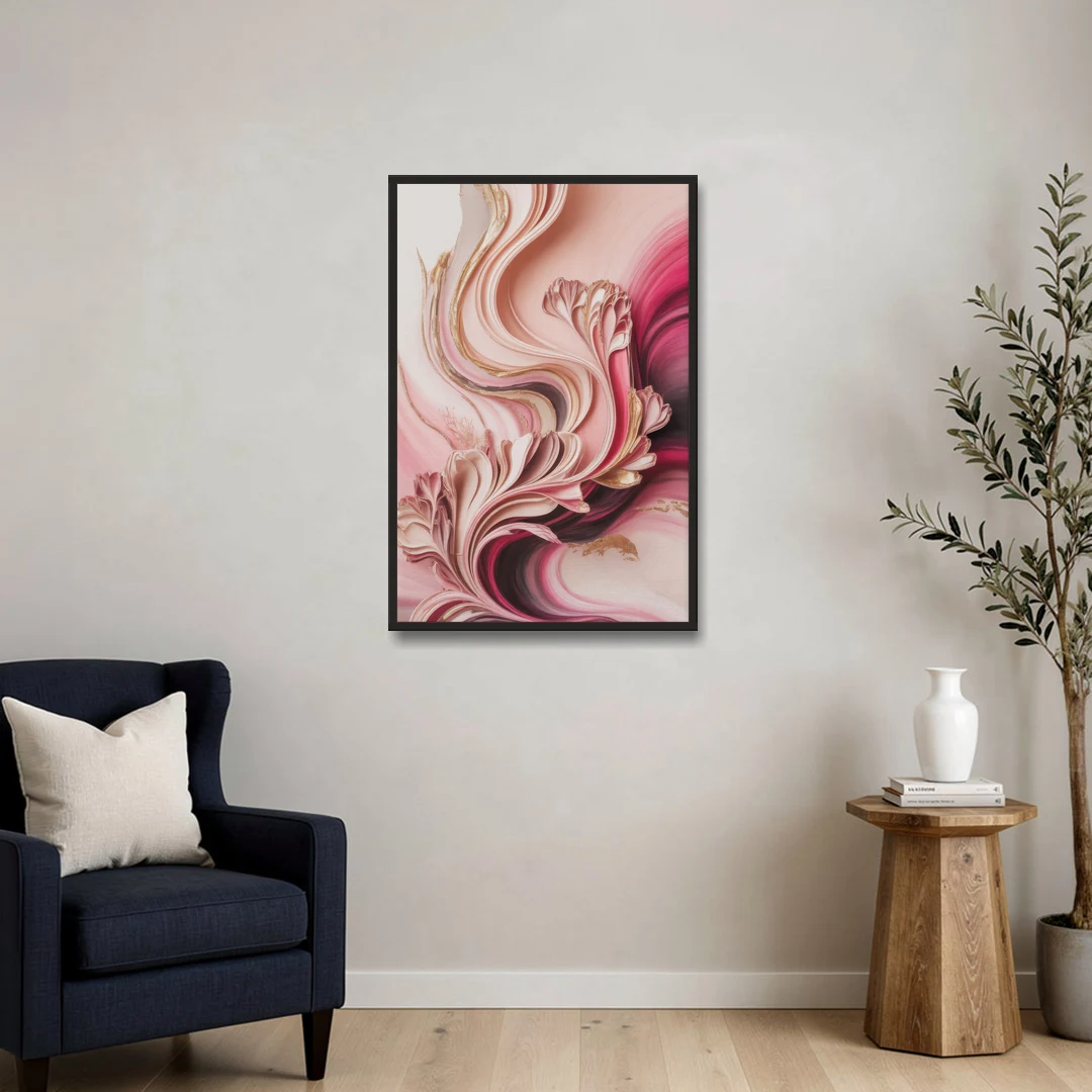 Serene Elegance Pink Abstract - Black Framed Canvas Wall Art - Sofa - 24x36