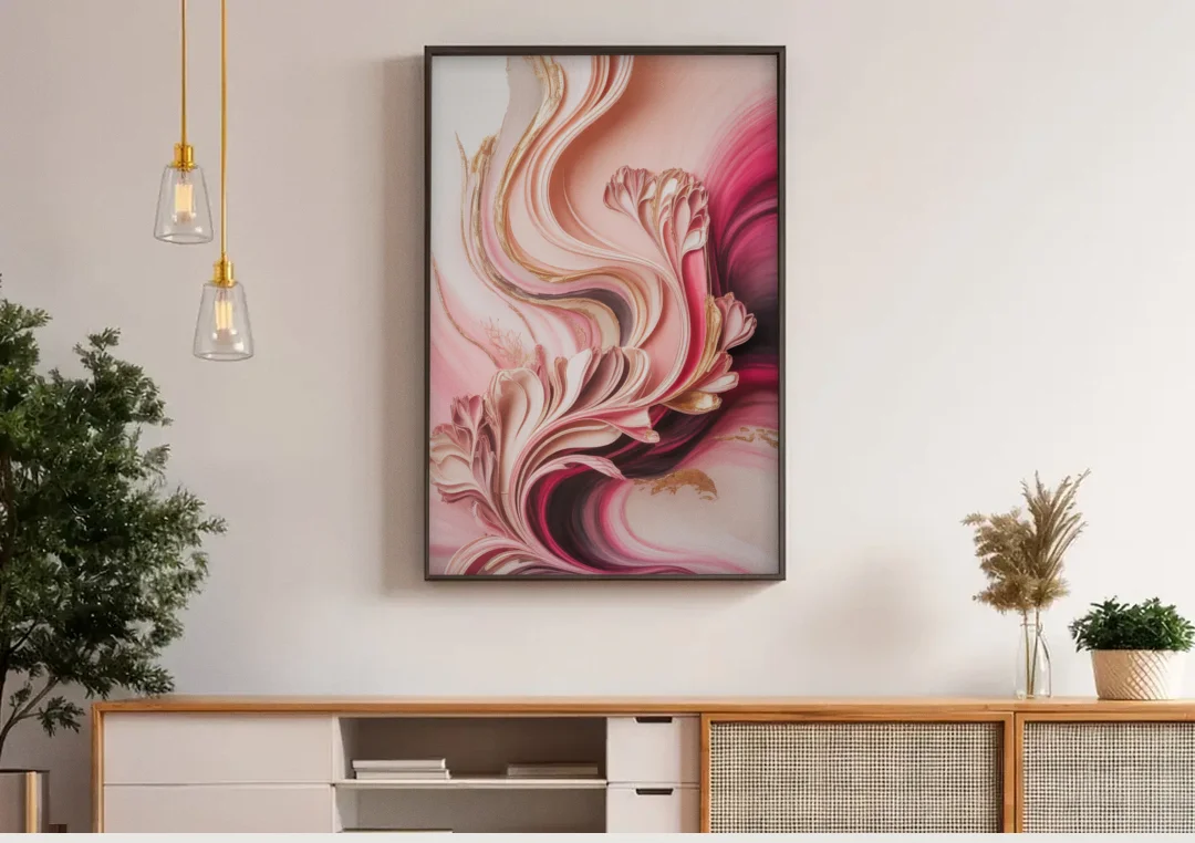 Serene Elegance Pink Abstract canvas wall art above a wooden sideboard under pendant lights