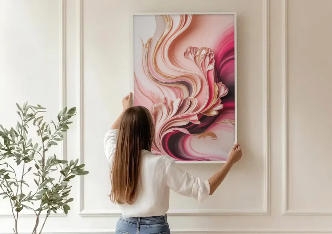 Serene Elegance Pink Abstract canvas wall art being hung on a paneled wall