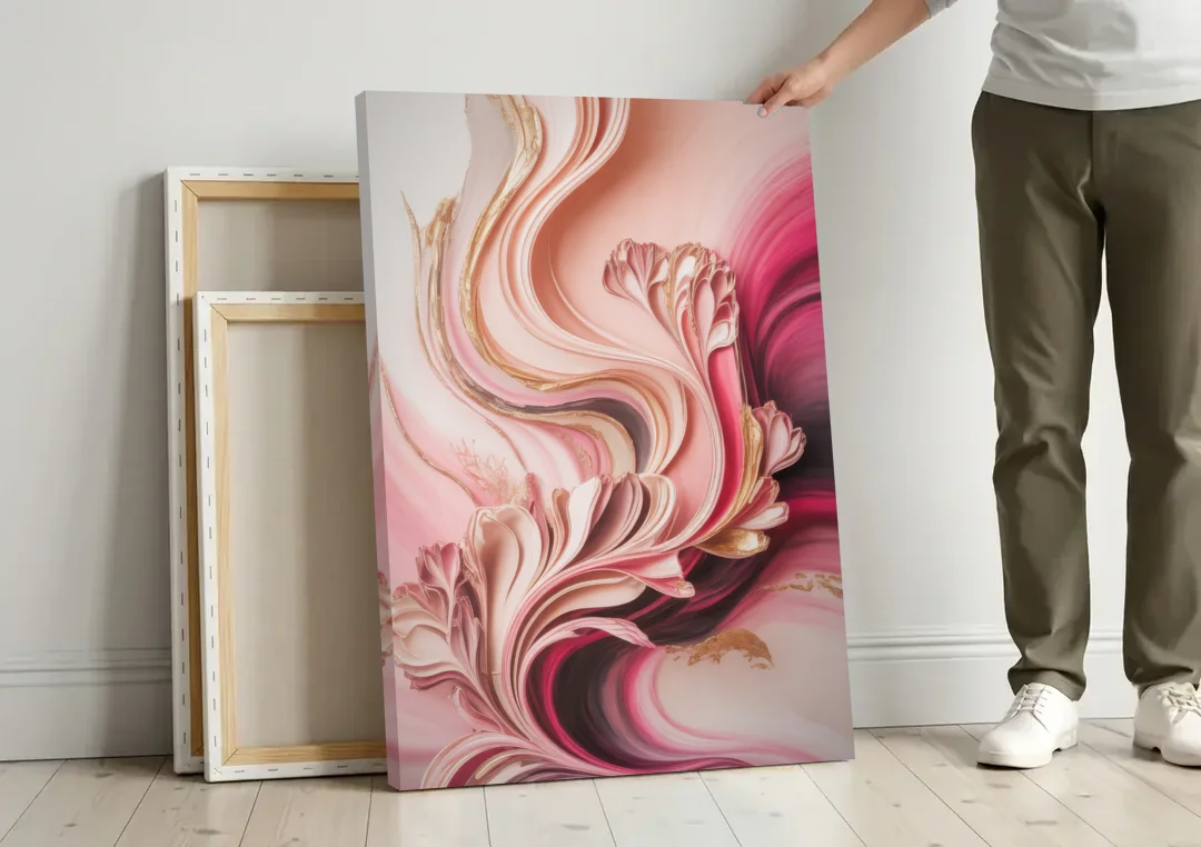 Serene Elegance Pink Abstract canvas wall art leaning against a wall next to blank canvases