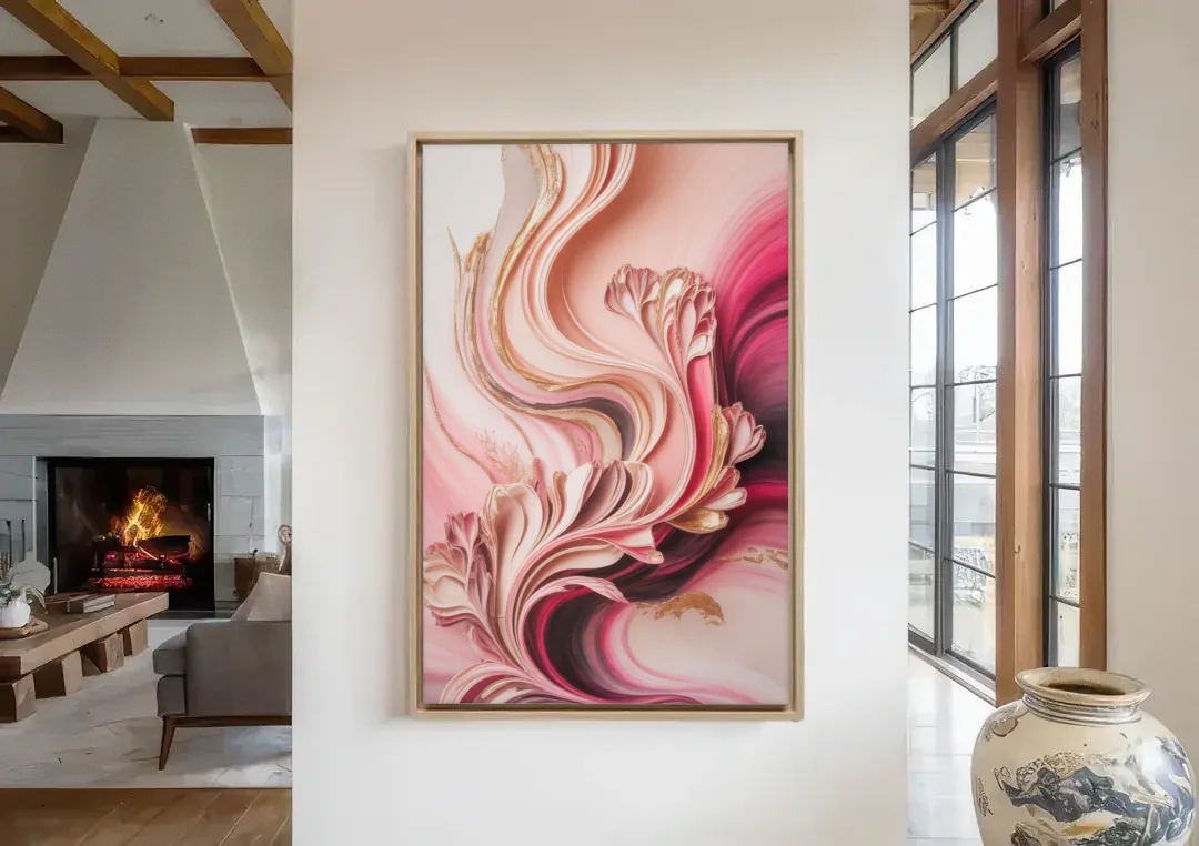 Serene Elegance Pink Abstract canvas wall art in a living room with a fireplace