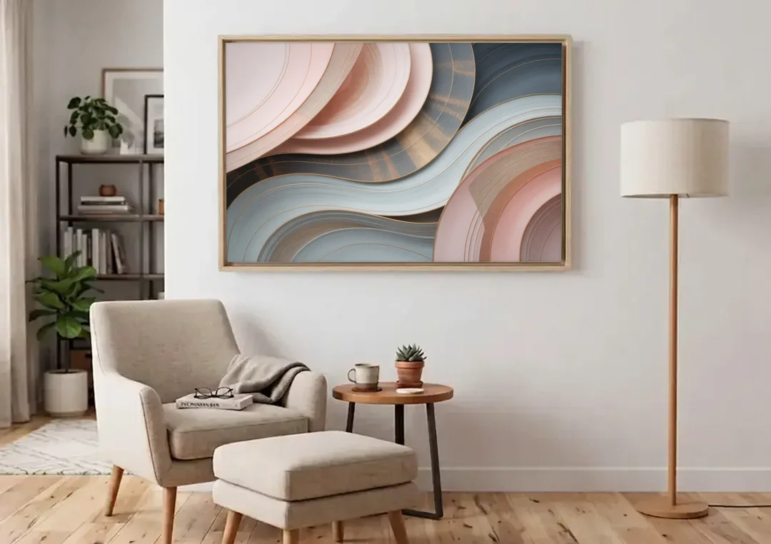 Serene Elegance Pink and Grey Abstract canvas wall art above an armchair in a bright living room