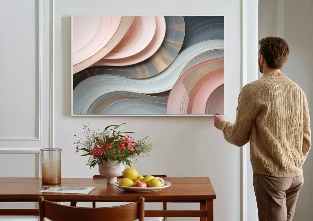 Serene Elegance Pink and Grey Abstract canvas wall art above a dining table