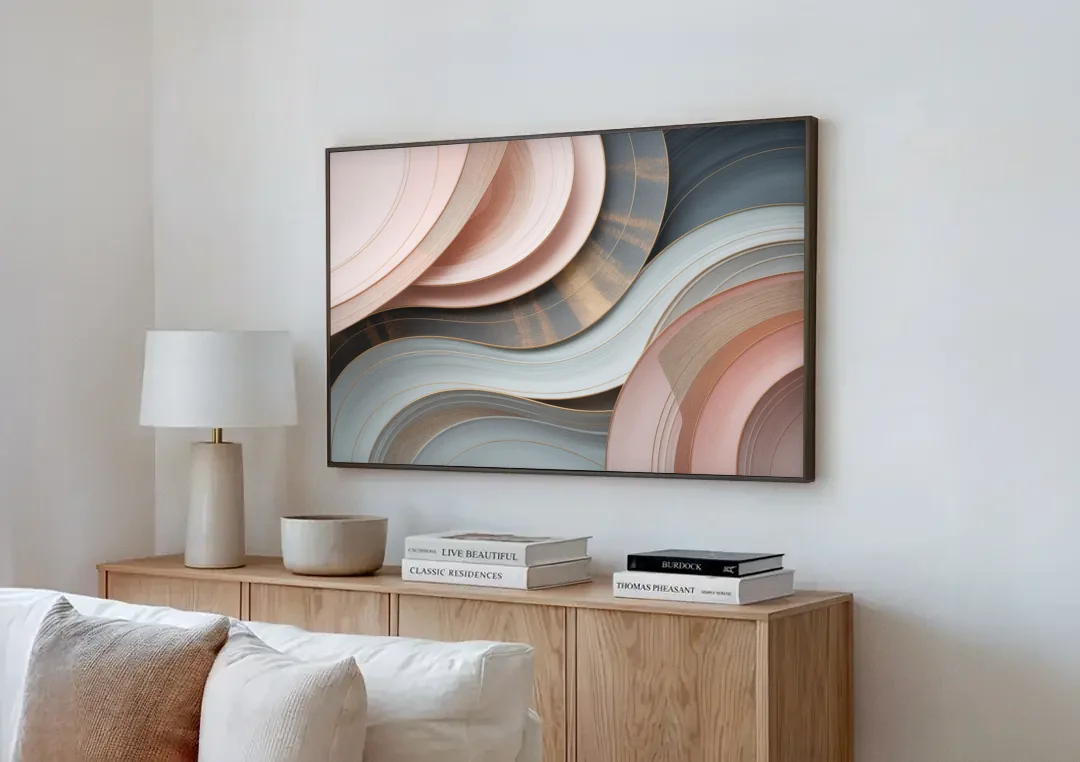 Serene Elegance Pink and Grey Abstract canvas wall art above a wooden sideboard next to a sofa