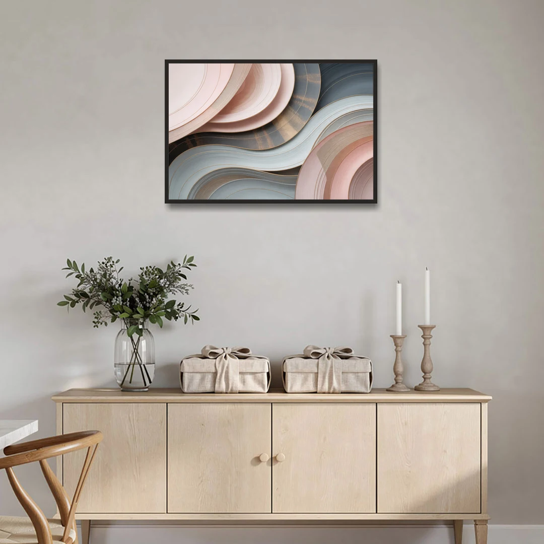 Serene Elegance Pink and Grey Abstract - Black Framed Canvas Wall Art - Coffee Table - 36x24