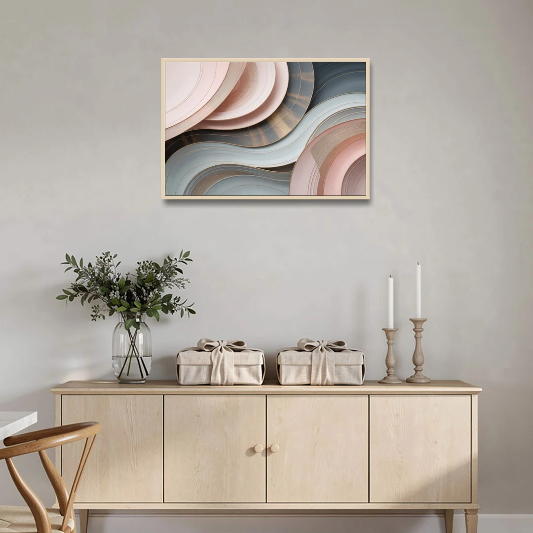 Serene Elegance Pink and Grey Abstract - Oak Framed Canvas Wall Art - Coffee Table - 36x24