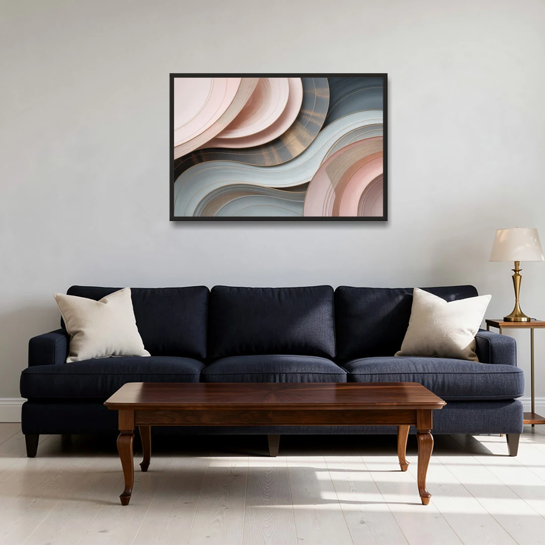 Serene Elegance Pink and Grey Abstract - Black Framed Canvas Wall Art - Sofa - 36x24
