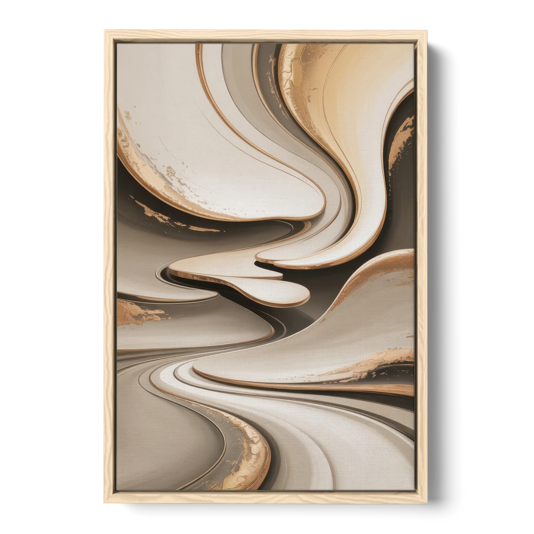 Serene Flow Beige Abstract - Oak Framed Canvas Wall Art - Front