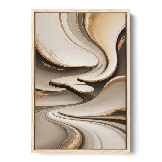 Serene Flow Beige Abstract - Oak Framed Canvas Wall Art - Front