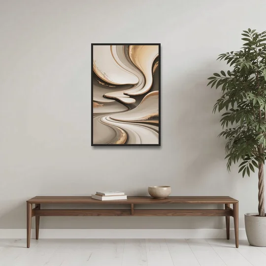Serene Flow Beige Abstract - Black Framed Canvas Wall Art - Coffee Table - 24x36