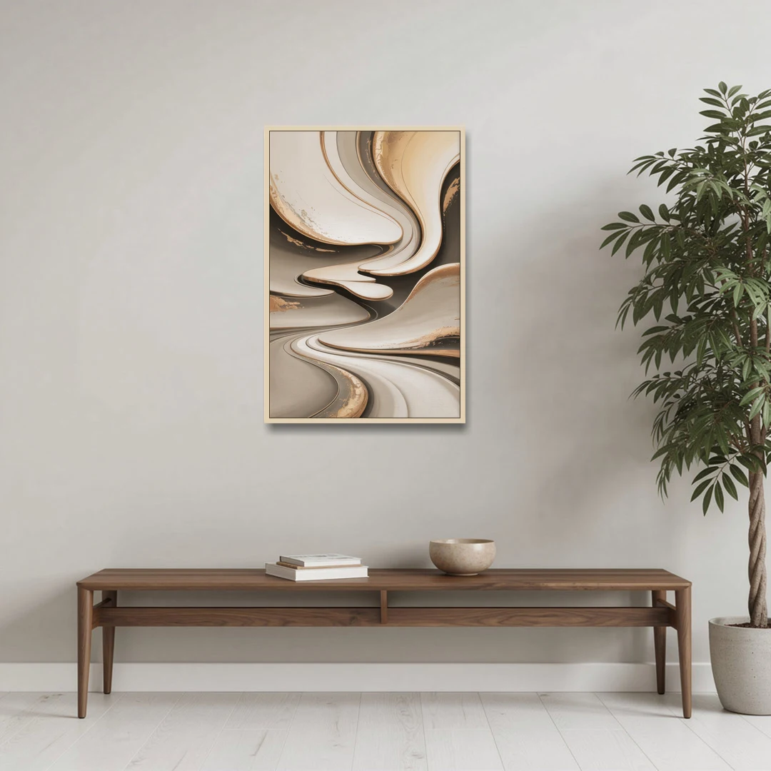 Serene Flow Beige Abstract - Oak Framed Canvas Wall Art - Coffee Table - 24x36