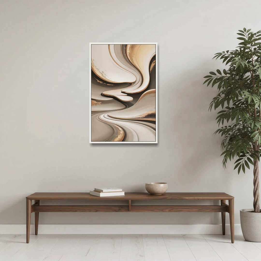 Serene Flow Beige Abstract - White Framed Canvas Wall Art - Coffee Table - 24x36