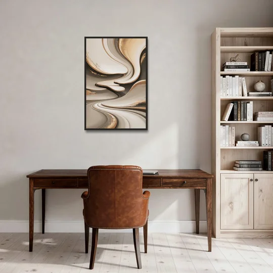 Serene Flow Beige Abstract - Black Framed Canvas Wall Art - Office - 24x36