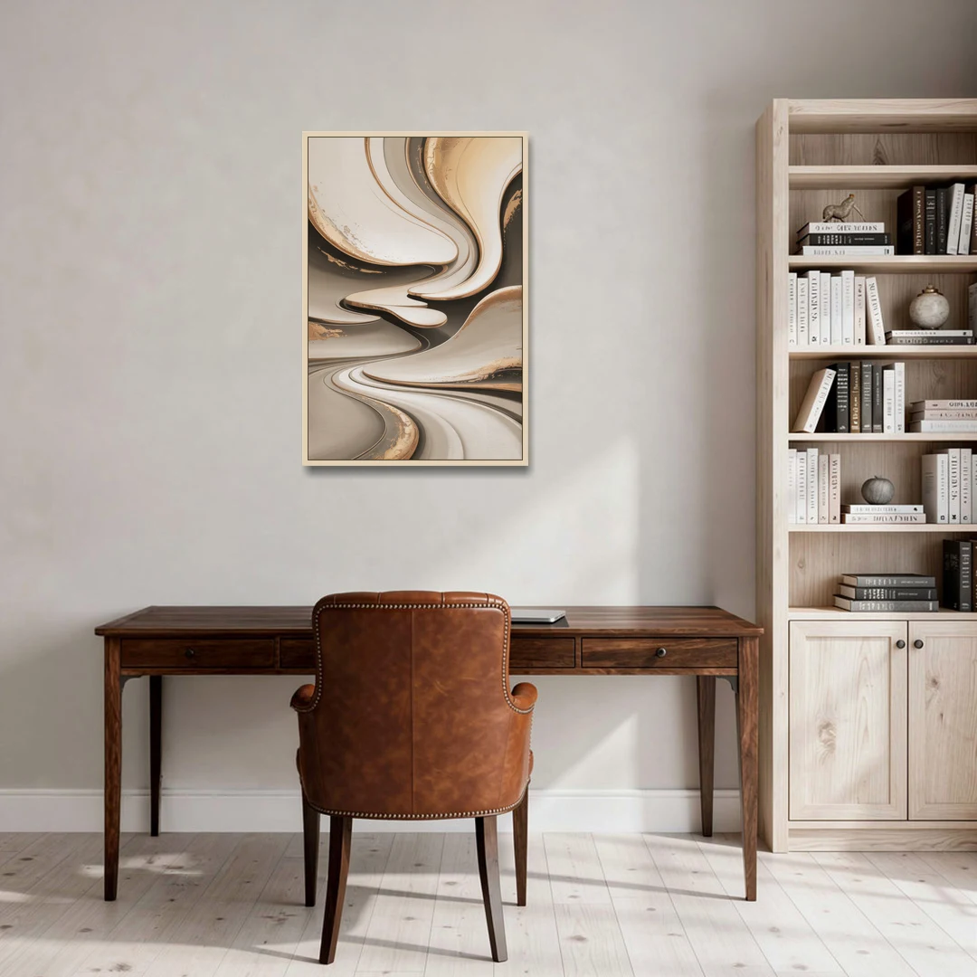 Serene Flow Beige Abstract - Oak Framed Canvas Wall Art - Office - 24x36