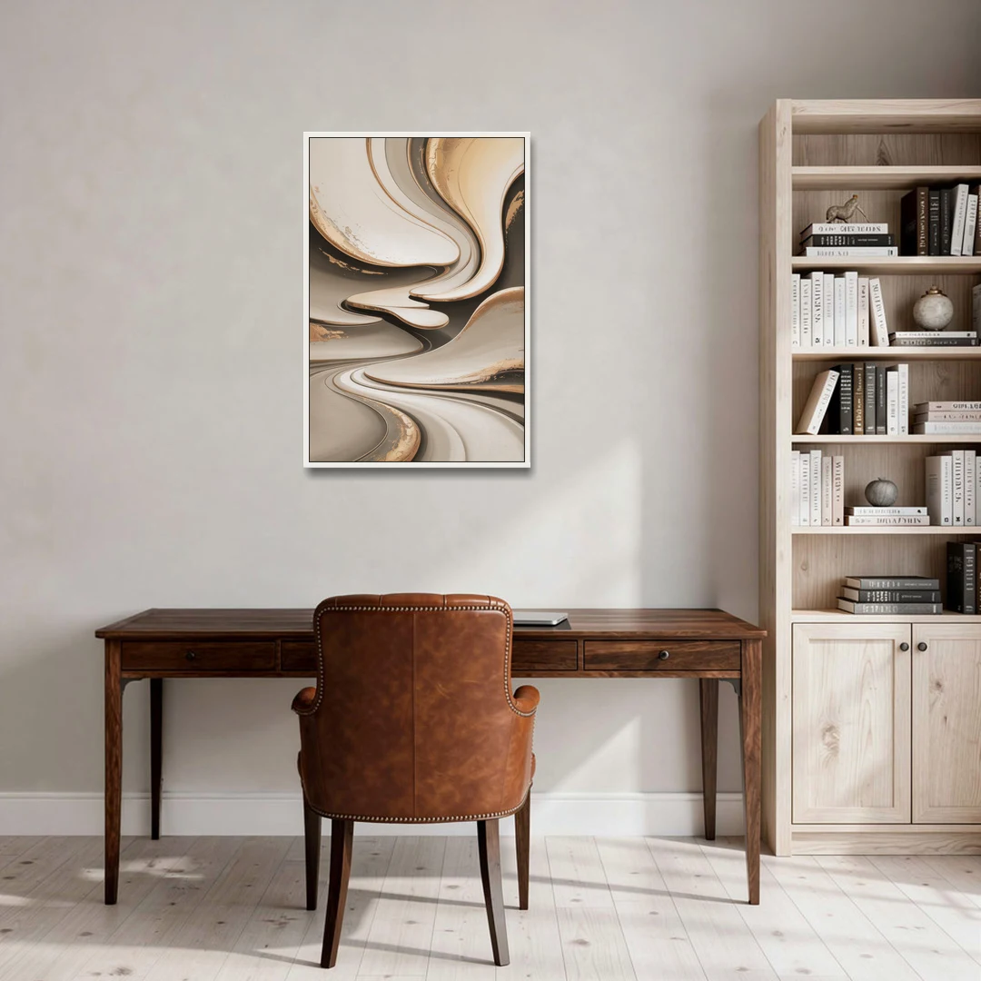 Serene Flow Beige Abstract - White Framed Canvas Wall Art - Office - 24x36