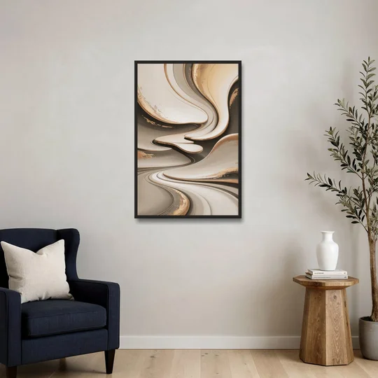 Serene Flow Beige Abstract - Black Framed Canvas Wall Art - Sofa - 24x36