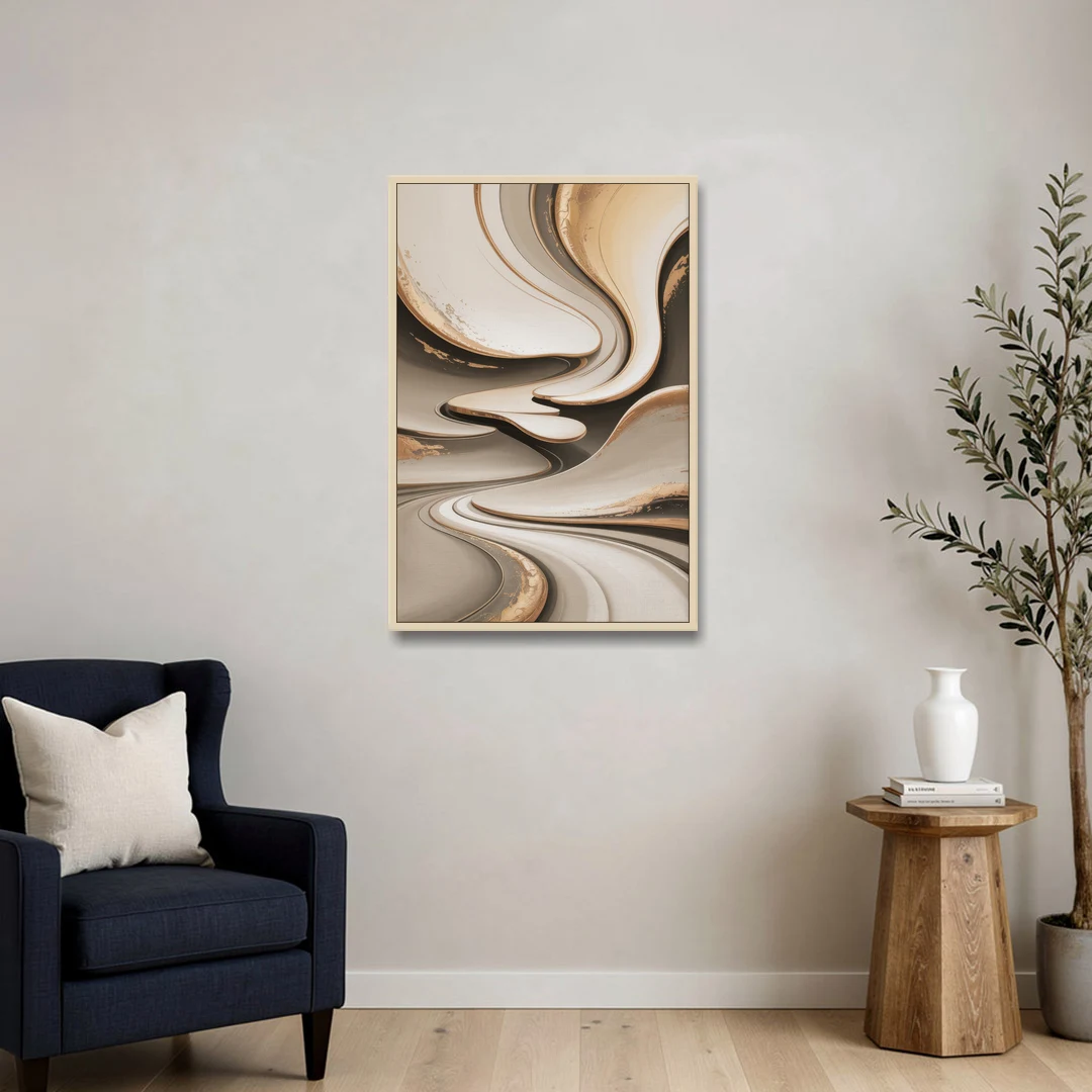 Serene Flow Beige Abstract - Oak Framed Canvas Wall Art - Sofa - 24x36