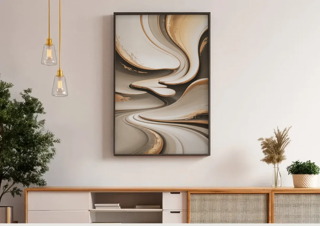 Serene Flow Beige Abstract canvas wall art above a wooden sideboard under pendant lights