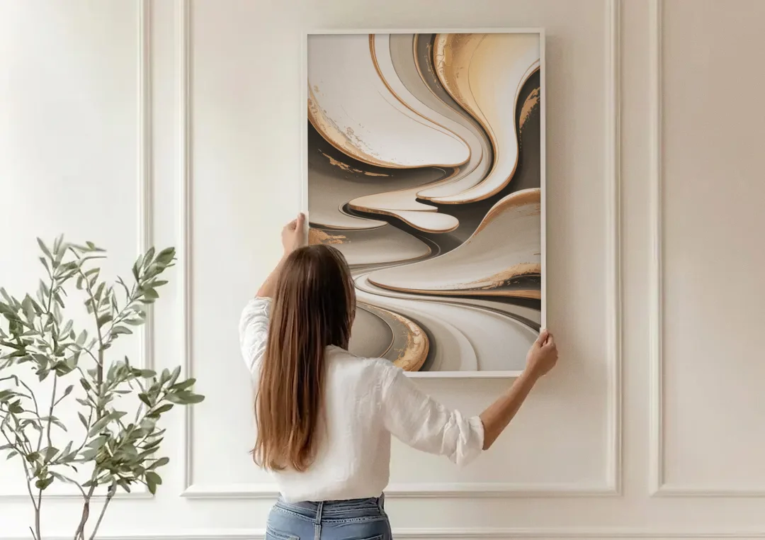 Serene Flow Beige Abstract canvas wall art being hung on a paneled wall