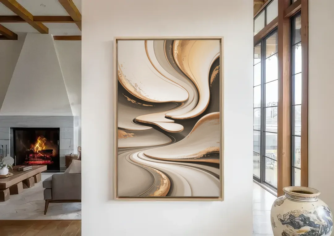 Serene Flow Beige Abstract canvas wall art in a living room with a fireplace