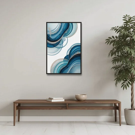 Serene Flowing Opulence Blue Abstract - Black Framed Canvas Wall Art - Coffee Table - 24x36
