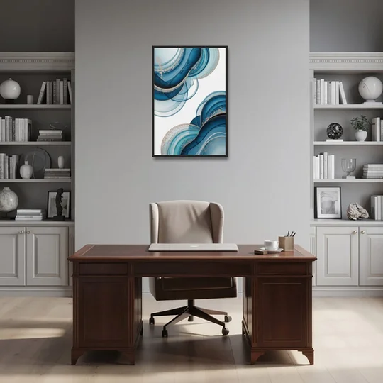 Serene Flowing Opulence Blue Abstract - Black Framed Canvas Wall Art - Office - 24x36
