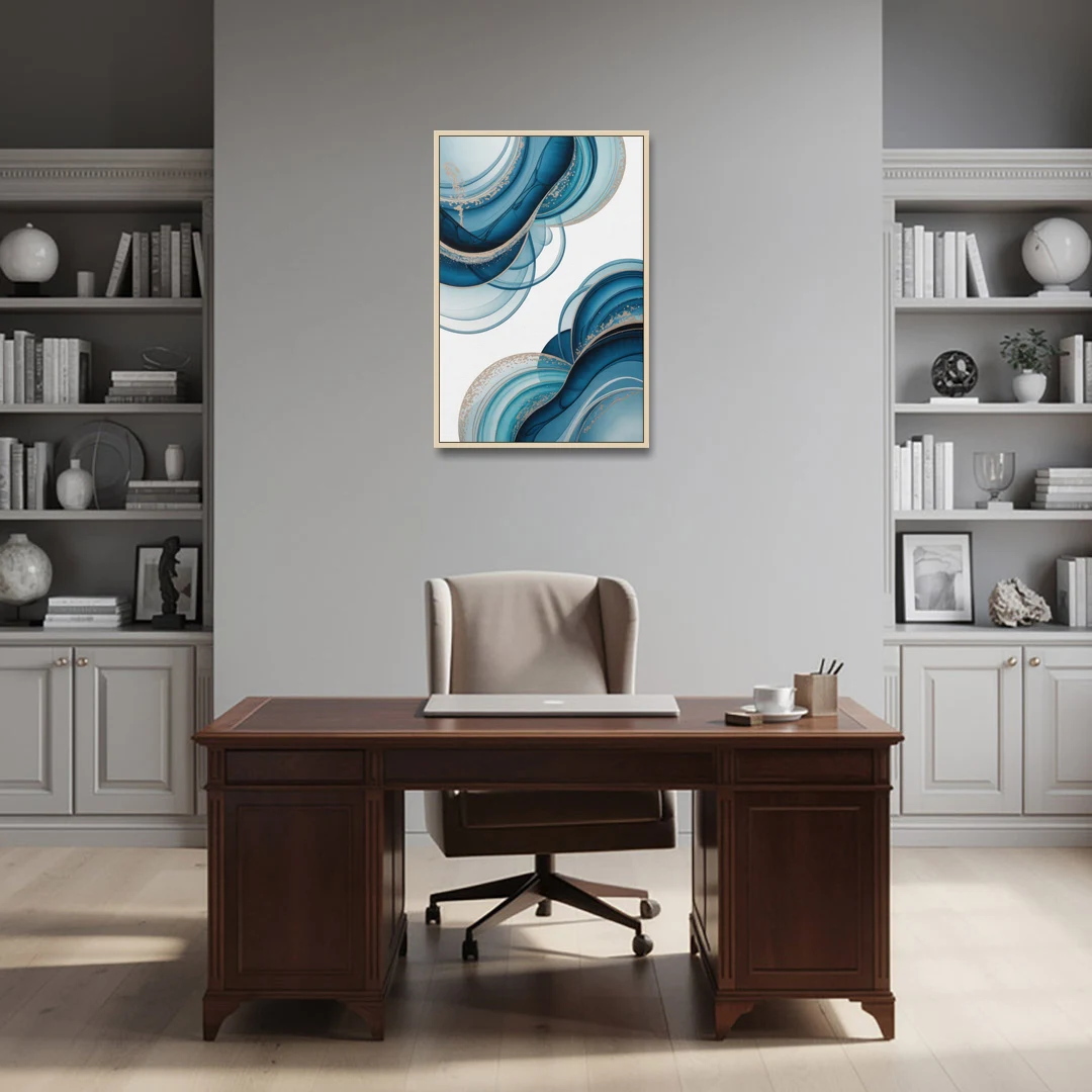 Serene Flowing Opulence Blue Abstract - Oak Framed Canvas Wall Art - Office - 24x36
