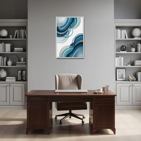 Serene Flowing Opulence Blue Abstract - White Framed Canvas Wall Art - Office - 24x36