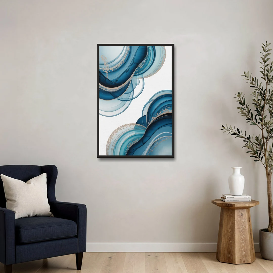 Serene Flowing Opulence Blue Abstract - Black Framed Canvas Wall Art - Sofa - 24x36