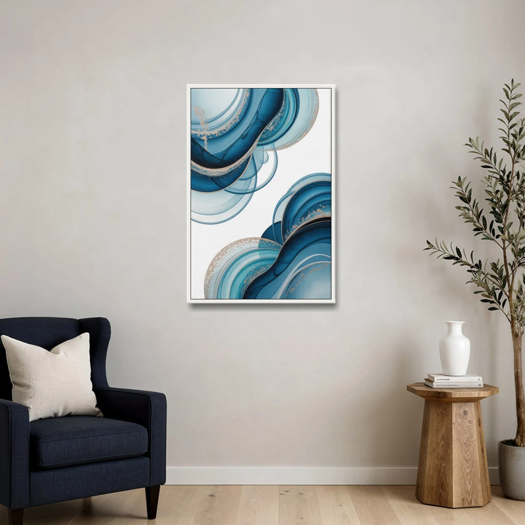 Serene Flowing Opulence Blue Abstract - White Framed Canvas Wall Art - Sofa - 24x36