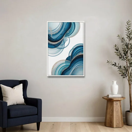 Serene Flowing Opulence Blue Abstract - White Framed Canvas Wall Art - Sofa - 24x36