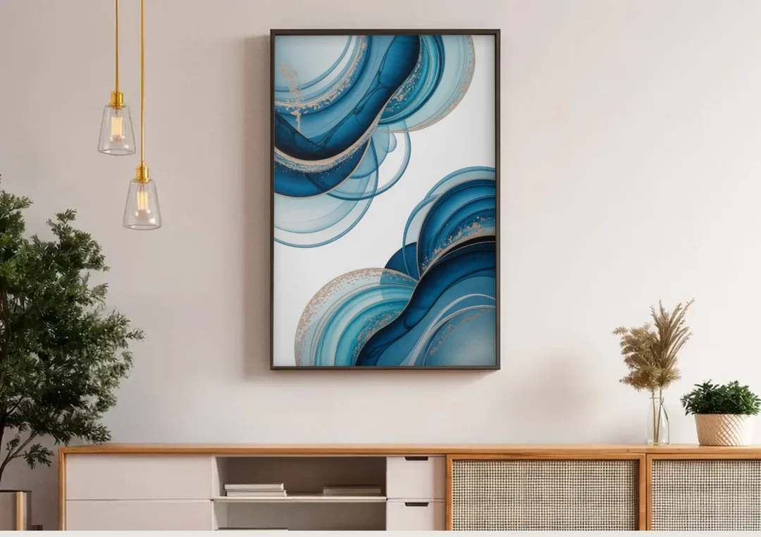 Serene Flowing Opulence Blue Abstract canvas wall art above a wooden sideboard under pendant lights