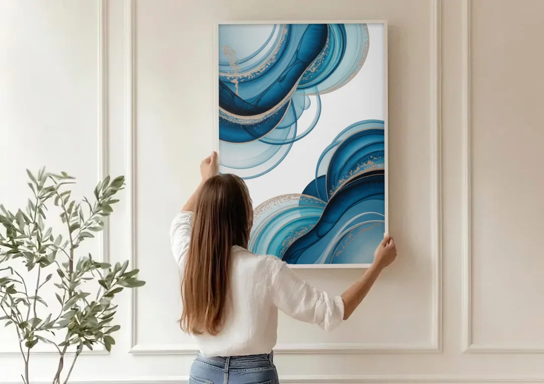 Serene Flowing Opulence Blue Abstract canvas wall art being hung on a paneled wall