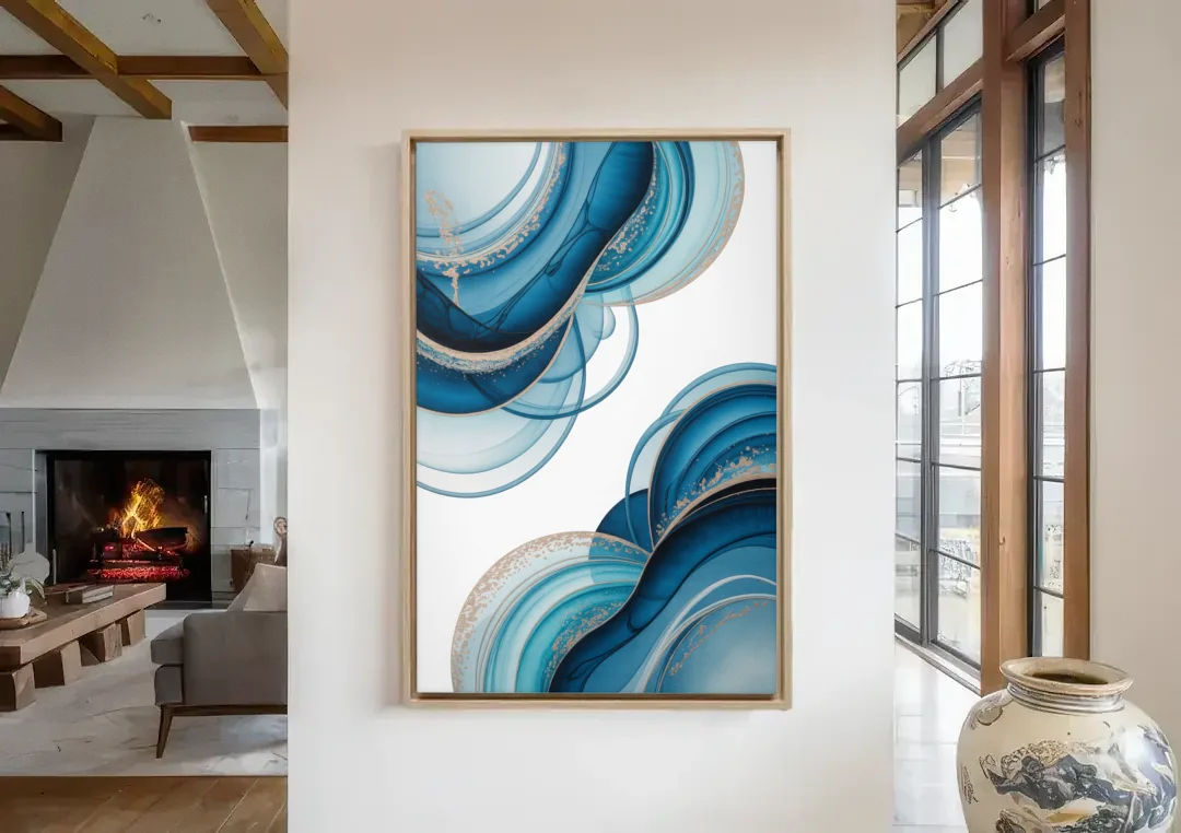 Serene Flowing Opulence Blue Abstract canvas wall art in a living room with a fireplace