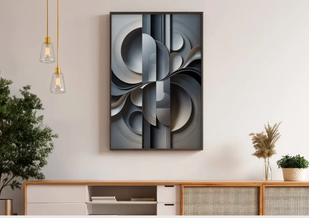 Serene Geometric Elegance Grey Abstract canvas wall art above a wooden sideboard under pendant lights