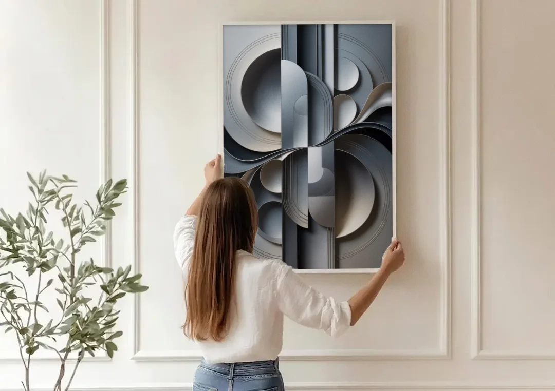 Serene Geometric Elegance Grey Abstract canvas wall art being hung on a paneled wall