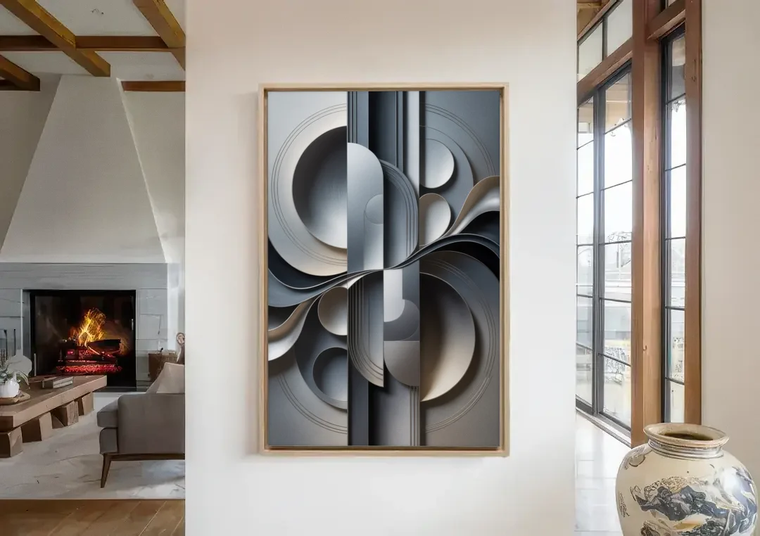 Serene Geometric Elegance Grey Abstract canvas wall art in a living room with a fireplace