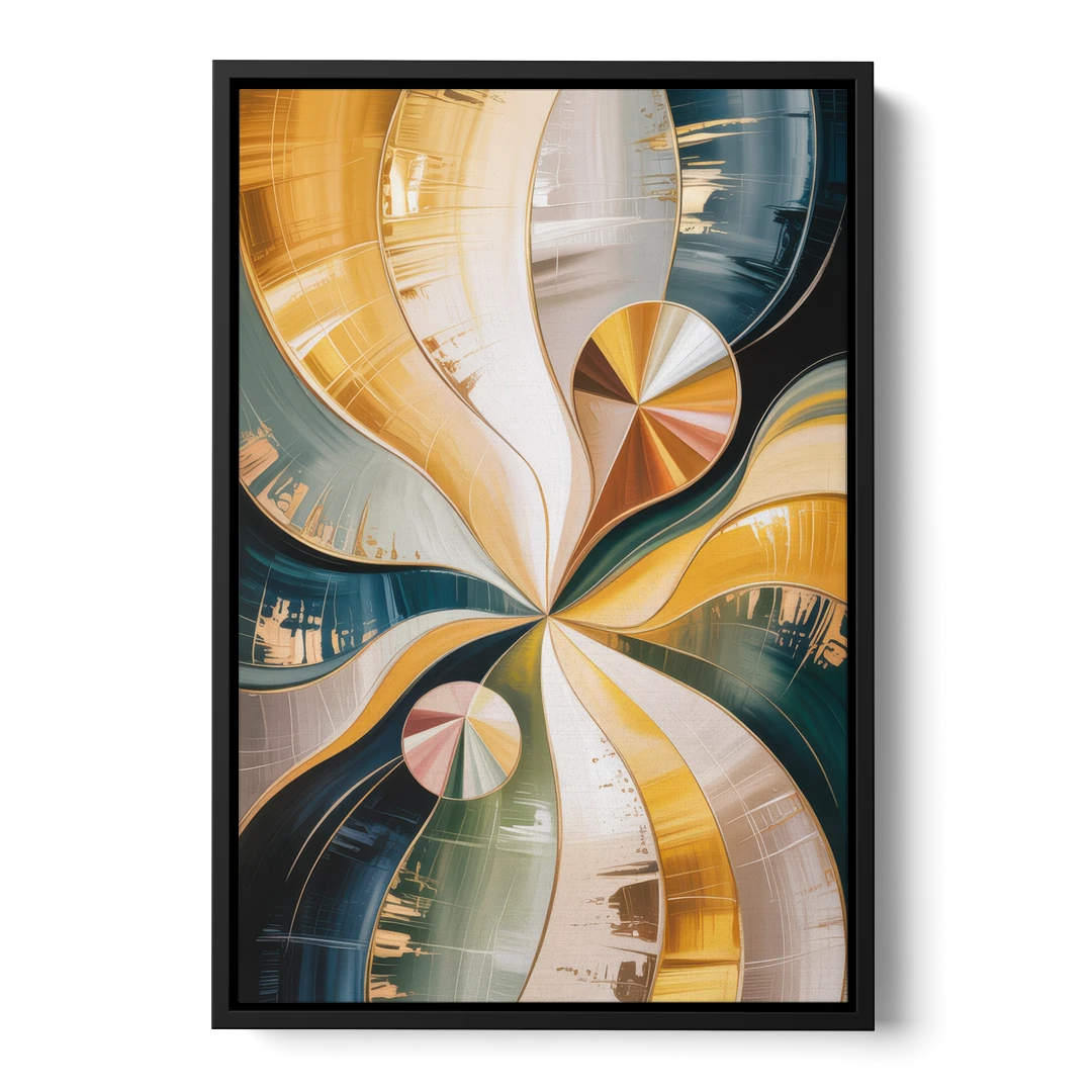 Serene Geometric Elegance Yellow and Grey Abstract - Black Framed Canvas Wall Art - Front