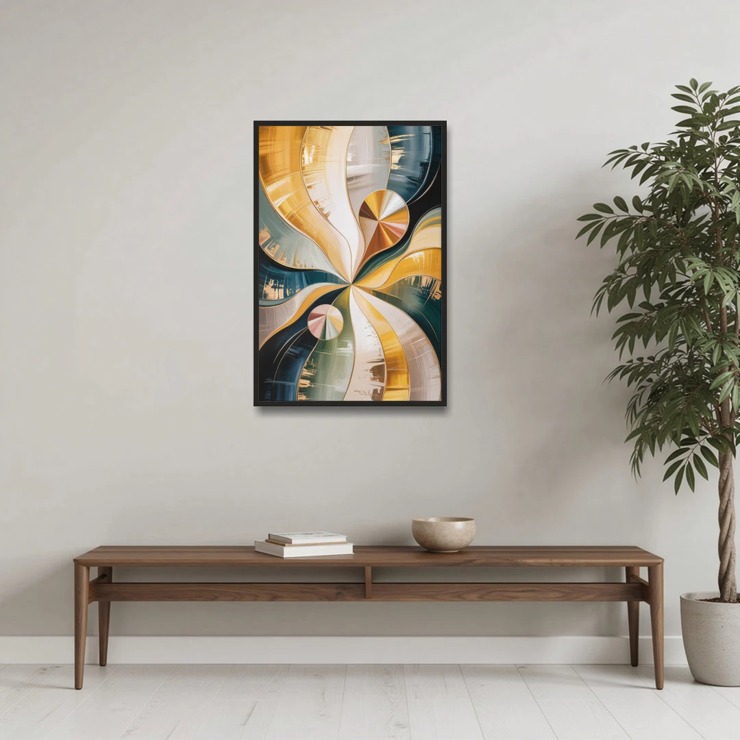 Serene Geometric Elegance Yellow and Grey Abstract - Black Framed Canvas Wall Art - Coffee Table - 24x36