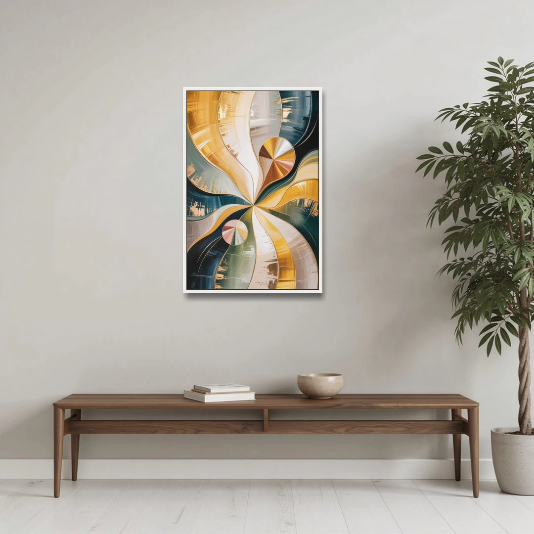 Serene Geometric Elegance Yellow and Grey Abstract - White Framed Canvas Wall Art - Coffee Table - 24x36