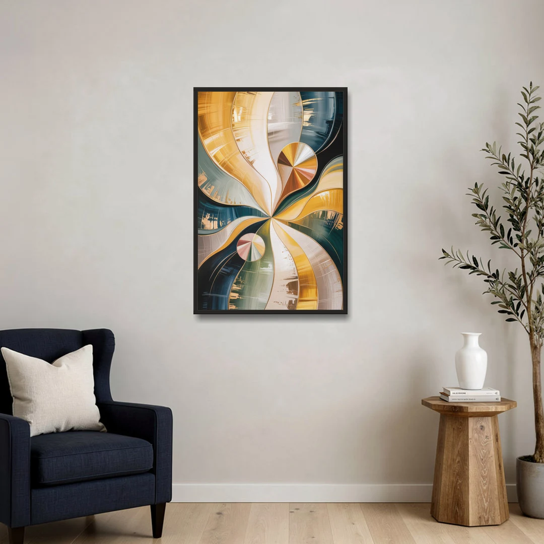 Serene Geometric Elegance Yellow and Grey Abstract - Black Framed Canvas Wall Art - Sofa - 24x36