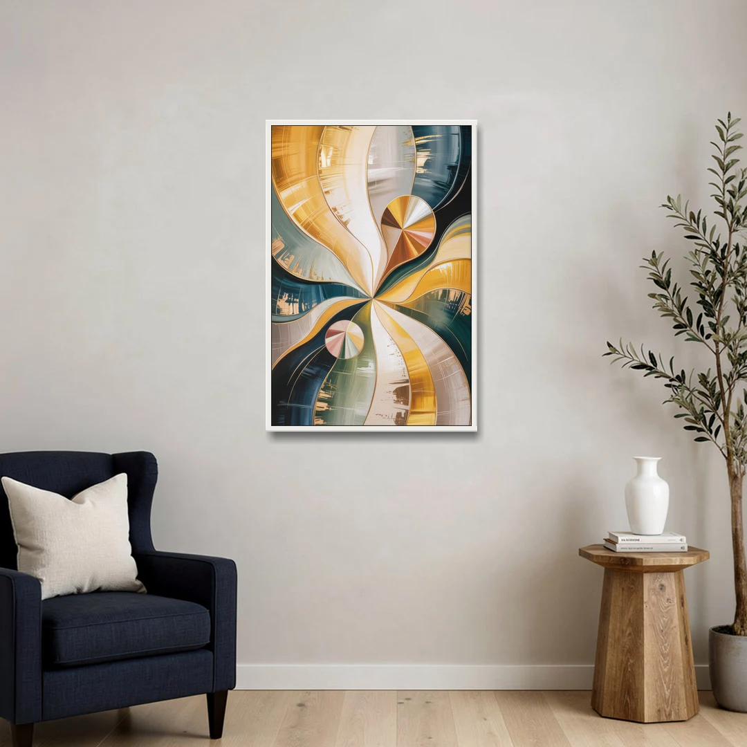 Serene Geometric Elegance Yellow and Grey Abstract - White Framed Canvas Wall Art - Sofa - 24x36