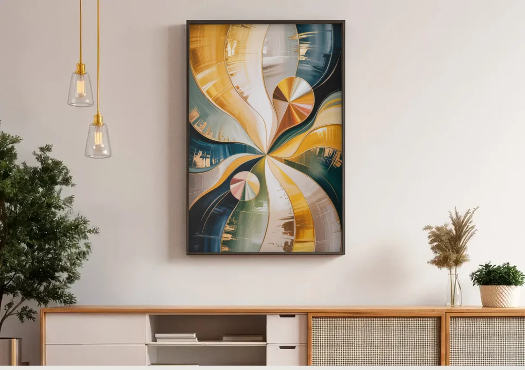 Serene Geometric Elegance Yellow and Grey Abstract canvas wall art above a wooden sideboard under pendant lights