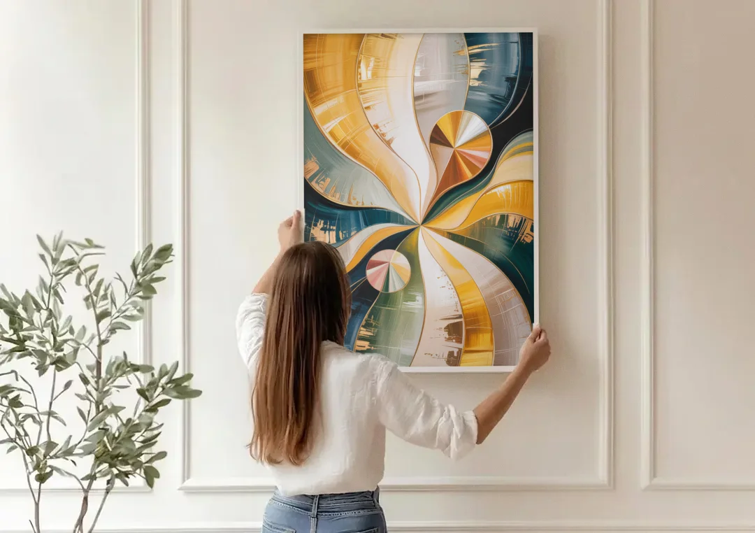 Serene Geometric Elegance Yellow and Grey Abstract canvas wall art being hung on a paneled wall